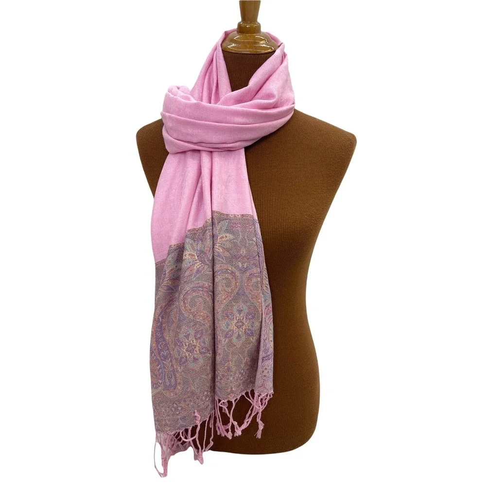 Pashmina‎ Scarf Light Pink Fringe Lavender Blue Paisley Design Soft Rectangle